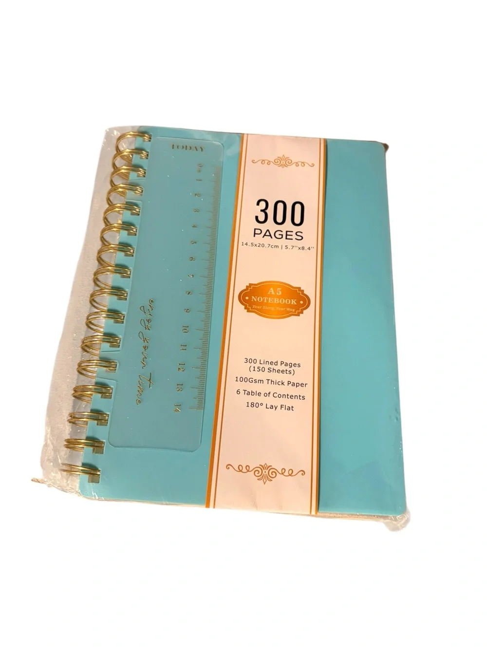 NWT- A5 Turquoise Spiral Notebook with Ruler - 300 Pages
